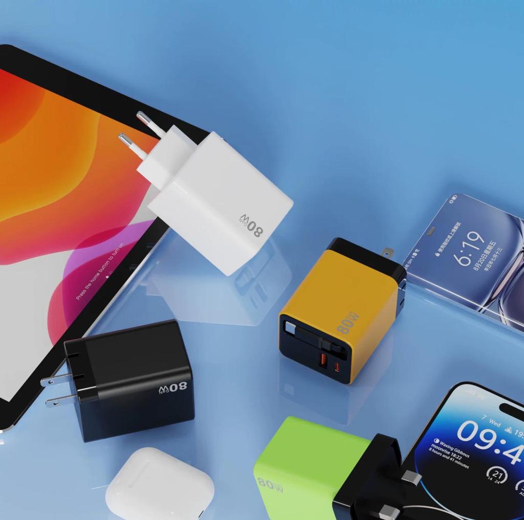 80W GaN Dual Port Retractable Fast Charger for Apple, Android, Huawei - USB A+C