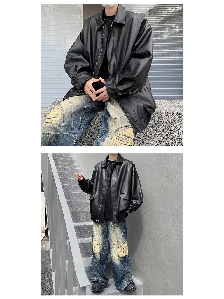Men's Trendy PU Leather Motorcycle Jacket – Spring/Autumn, High-End Look, Handsome Casual Loose Fit, Lapel Design.