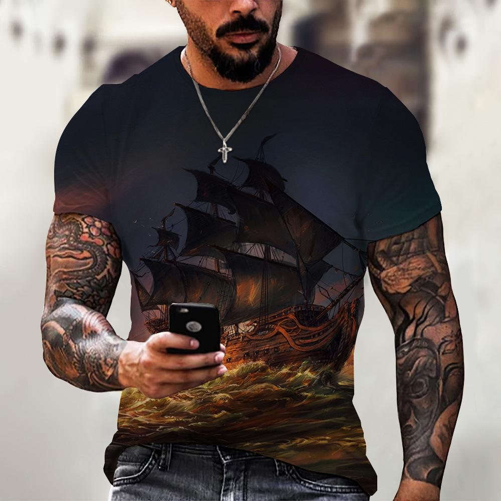 Vintage T-Shirts Men Spring Clothing Boat Graphic Apparel Streetwear Men's Clothing Casual Short Sleeve Tops For Male Shirt Tees