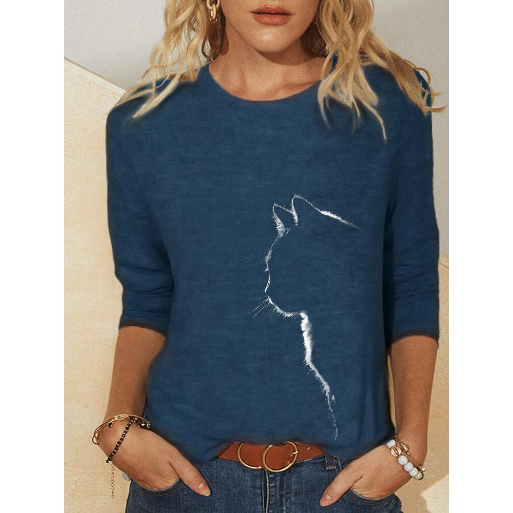 Sommer Høst Dameklær Funny Cat 3D Print Langermede T-skjorter Damemote Oversized Casual Overdeler Vintage Tee Shirt