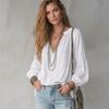 Women Casual Loose Bohemian Style V Neck 3 4 Sleeve Lantern Sleeve Shirt