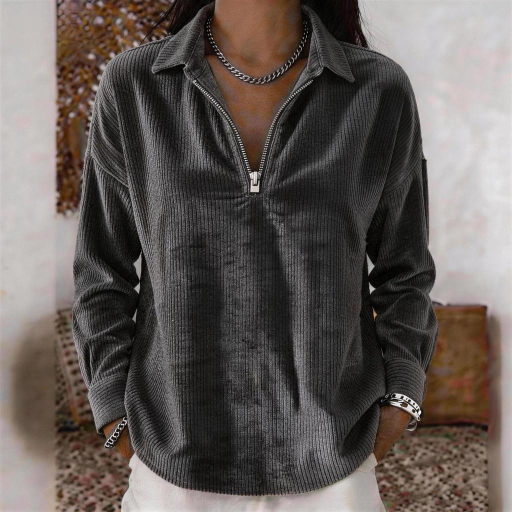 Retro Corduroy Lapel Zipper Long Sleeve - Autumn Casual
