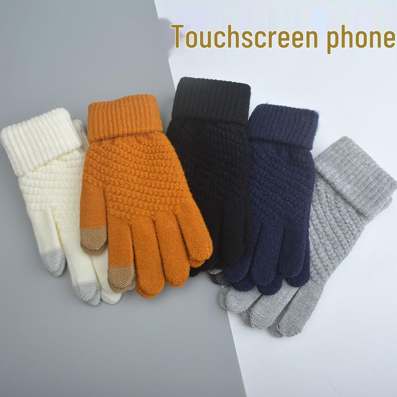 Korean-Style Touchscreen Gloves for Men & Women - Warm Velvet, Winter Cycling, Cute Wool Design, Five-Finger Fit, Ideal for Students