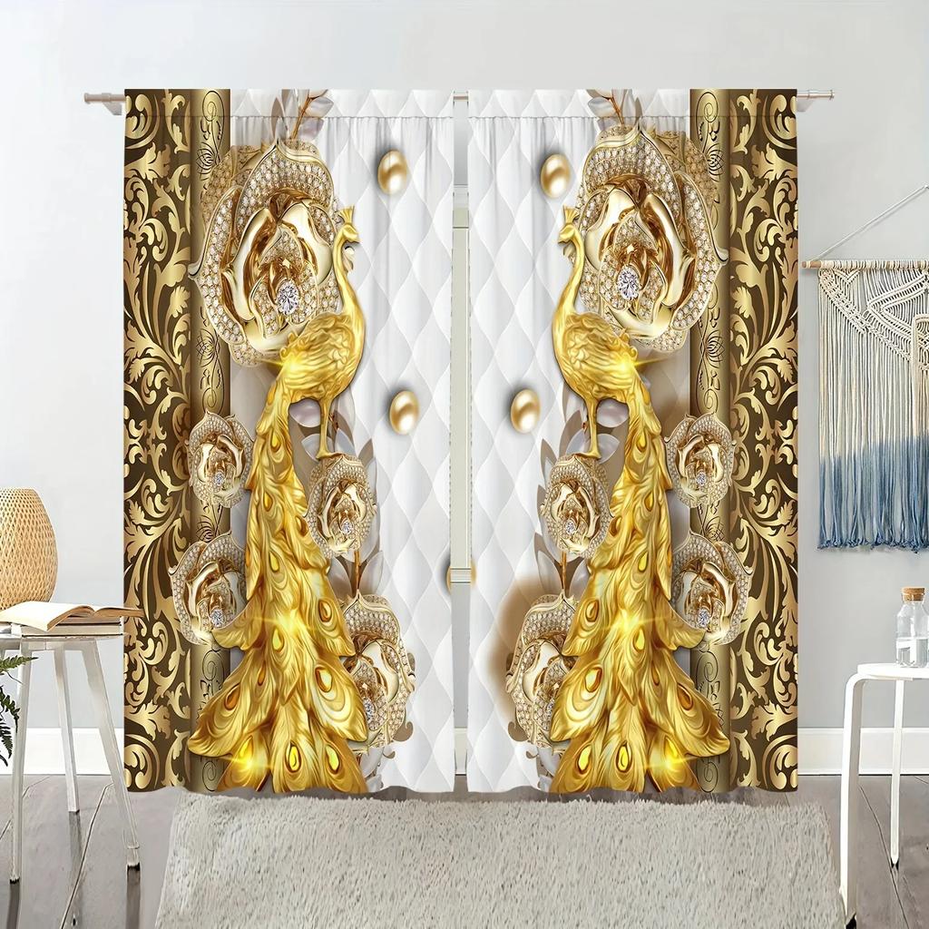 3D 2pcs Golden Peacock Curtain Study Room Kitchen Living Room Rod Pocket Top Window Drap Bedroom Accessories Room Decor Home Dec