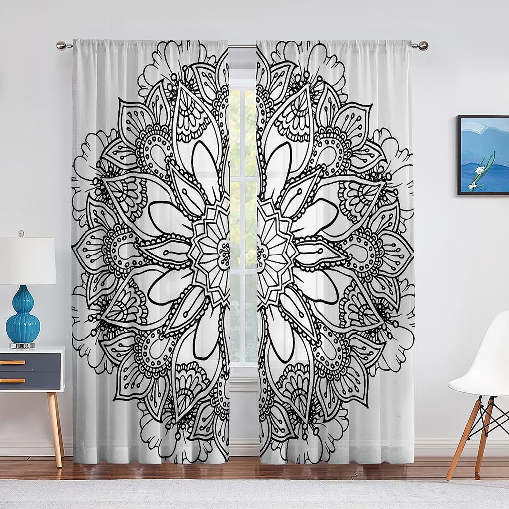 Schwarz-Weißes Boho Mandala Muster Tüllvorhänge für Wohnzimmer Schlafzimmer Dekor Transparent Chiffon Sheer Voile Fenstergardine
