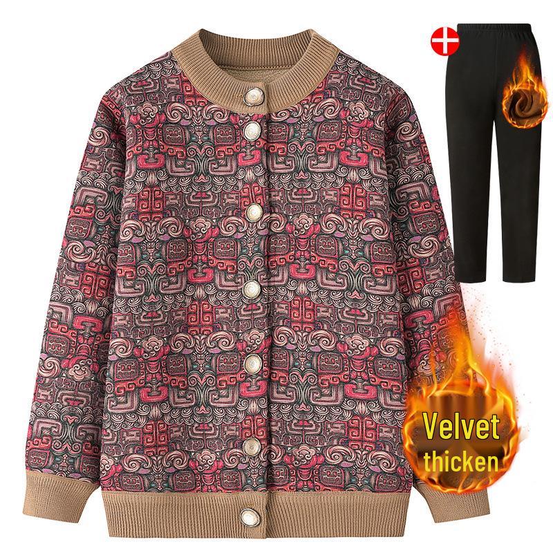 Women's Fleece-Lined Knitted Cardigan - Warm Autumn Winter Jacket for Elderly Ladies