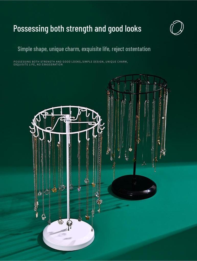 Rotating Jewelry Display Stand: 23-Hook Wrought Iron Rack for Necklaces and Bracelets, Detachable Board for Market Stall.