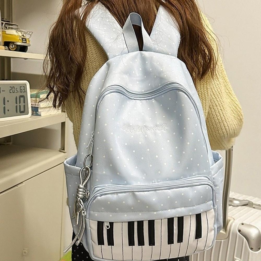 Sac d'école préppy grande capacité Sac à dos en nylon avec motif touches de piano Sac à dos à pois Shopping