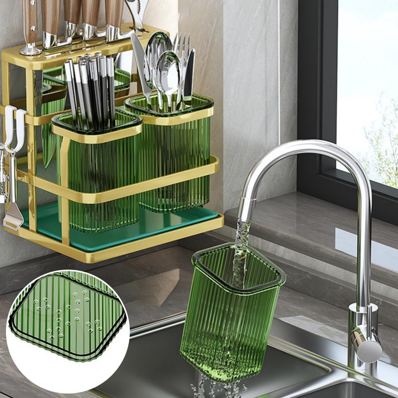 Wall Mounted Kitchen Cutlery Organizer Knife Spoon Fork Chopstick Drain Rack Drainer Utensil Kitchen Storage Punching Free