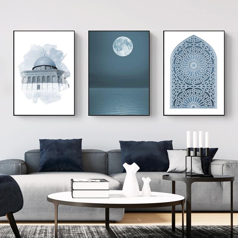 Islamitische Ramadan Decoratie Blauwe Moskee Architectuur Canvas Kunst Schilderij Marokkaanse Muur Print Landschap Poster Decoratieve Foto's