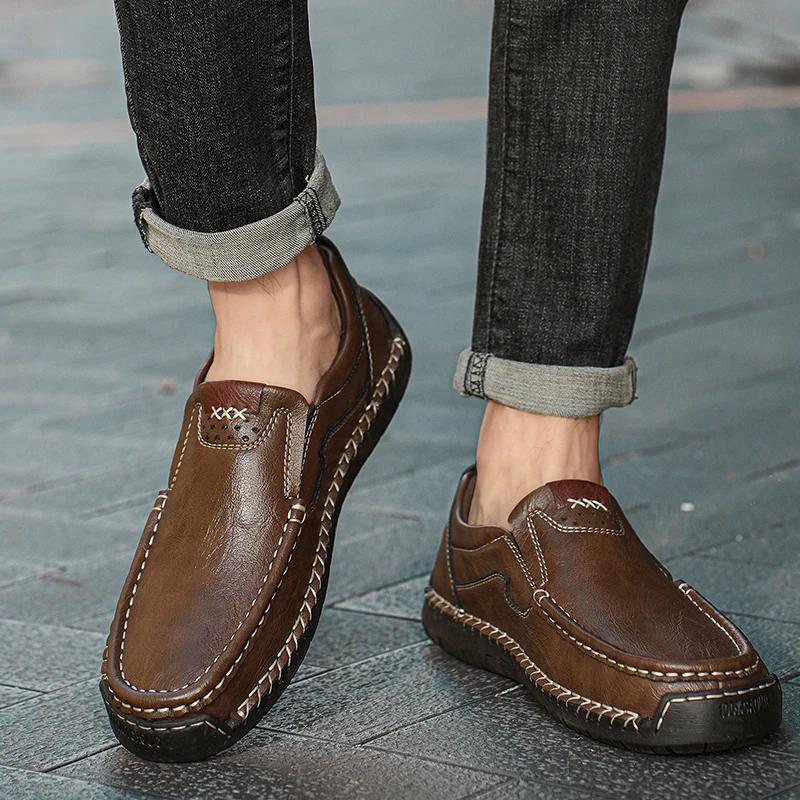 Fashion Brand Casual Business Leather Shoes Men's Handmade Platform Loafers Outdoor Anti Slip Comfortable Luxury Lazy Shoes Large Size