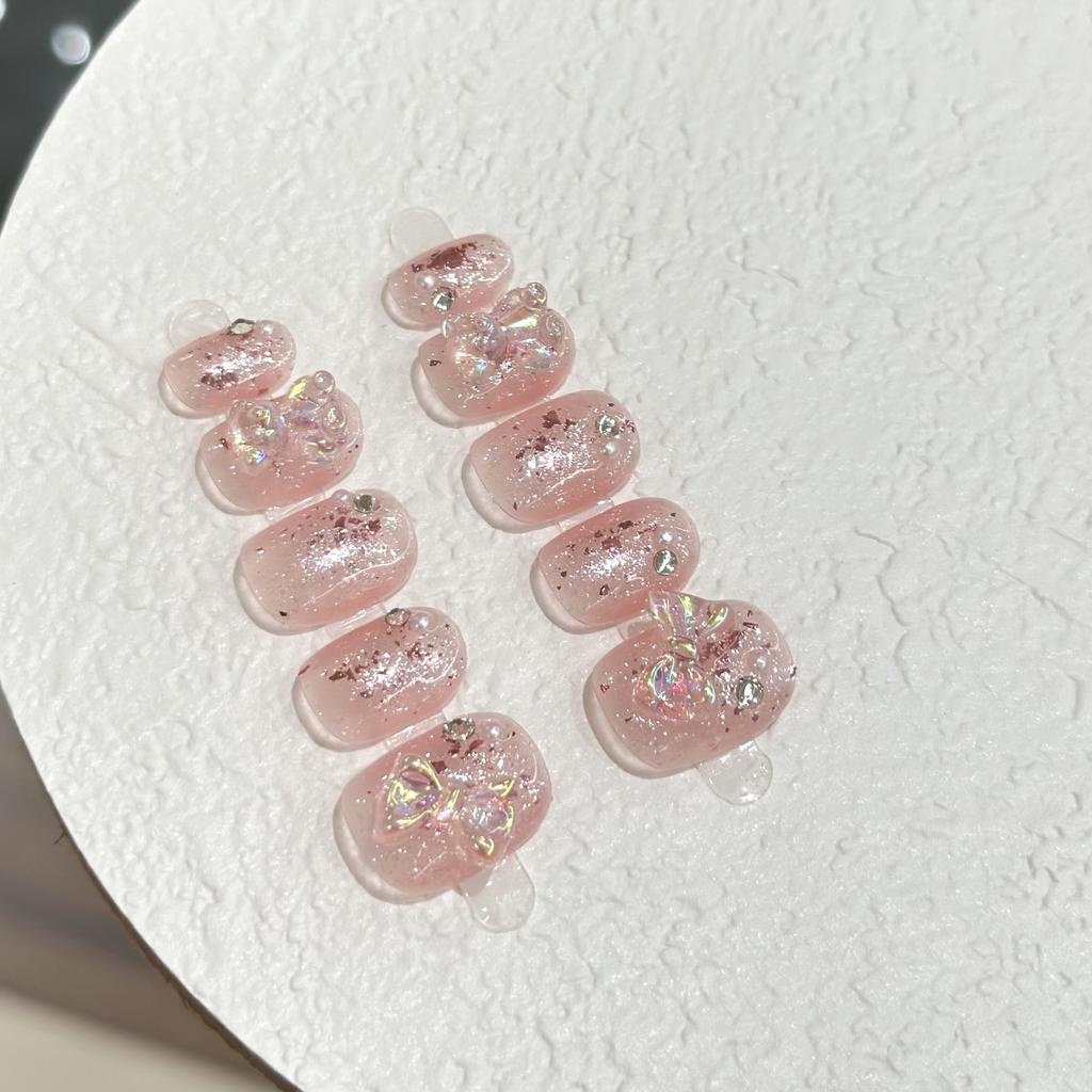 Women Short‑Style Press‑On Nails Pure‑Handmade Pink Gradient Aurora Bear‑Butterfly Phototherapy False Nail Patches