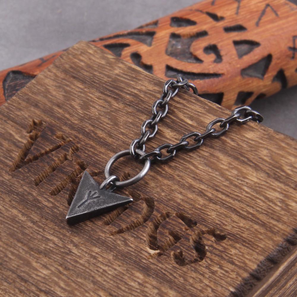 "Algiz"Rune Iron Color Viking Spear Pendant Necklace with Stainless Steel Chain As Men Gift with Wooden Box