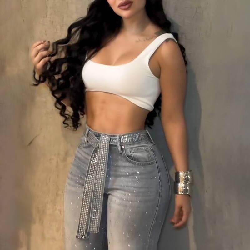 High-Waisted Wide-Leg Denim Pants With Rhinestone Embellishment Streetwear Loose Fit Straight Cut Dragging Length