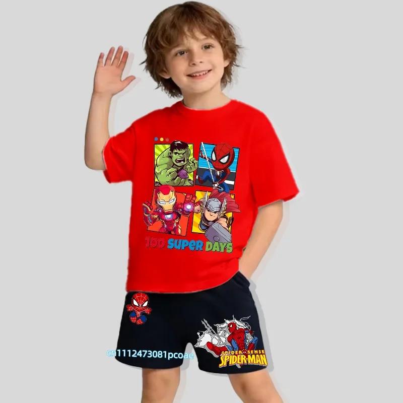 Boys' Summer Cartoon Spider-Man Short-Sleeve T-Shirt and Shorts Two-Piece Casual Sports Outfit