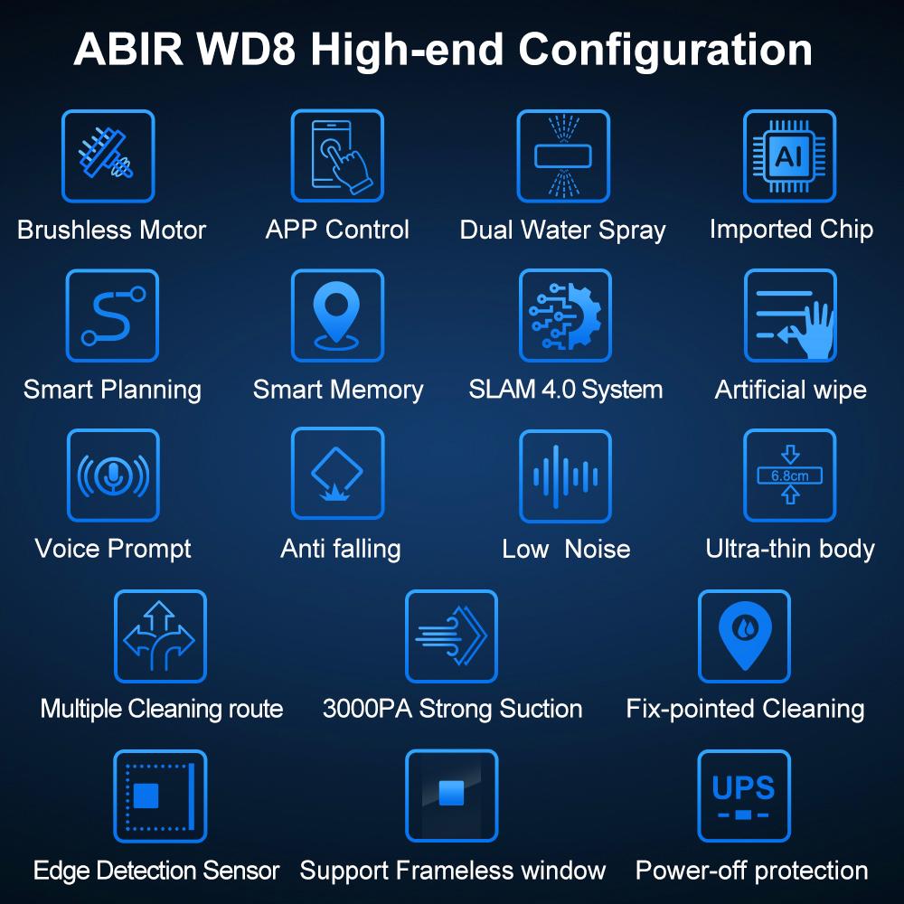Robot Window Cleaner ABIR WD8,Dual Water Spray,Smart Memory,High Vacuum Suction, Laser Sensor, Home Wall Glass Cleaning Robot