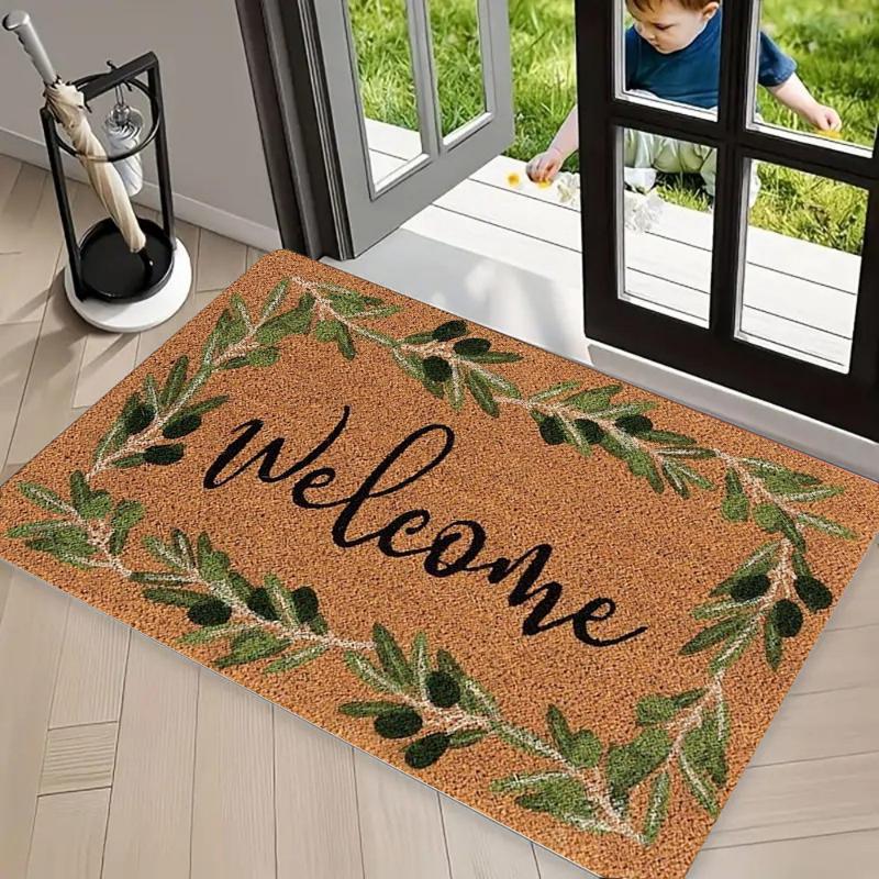 Floral Leaf Welcome Print Coir Doormat, Non Slip Entrance Rug, Durable Washable Floor Mat for Front Door Porch Patio Decor
