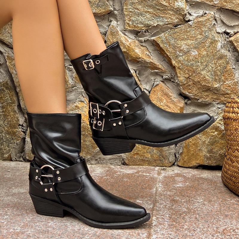 Kurzstiefel mit dickem Absatz für Damen, aber overknee, Herbst und Winter, neu, spitz, Retro, Metall, Lederschnalle, Western-Ritterstiefel