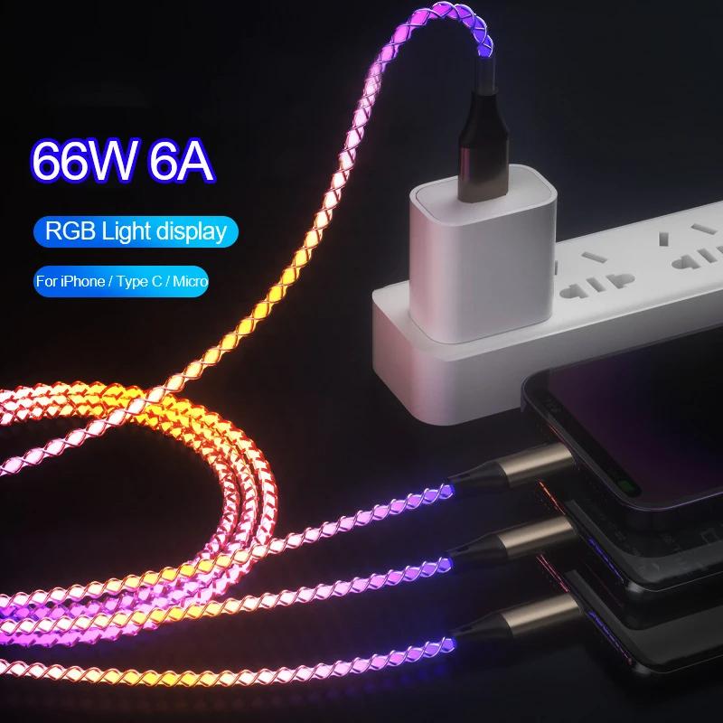 66W 6A 3 in 1 Schnellladekabel Typ C Micro USB RGB Bunter Streamer Leuchtende Linie Für iPhone Huawei Xiaomi Ladegerät USB-Kabel