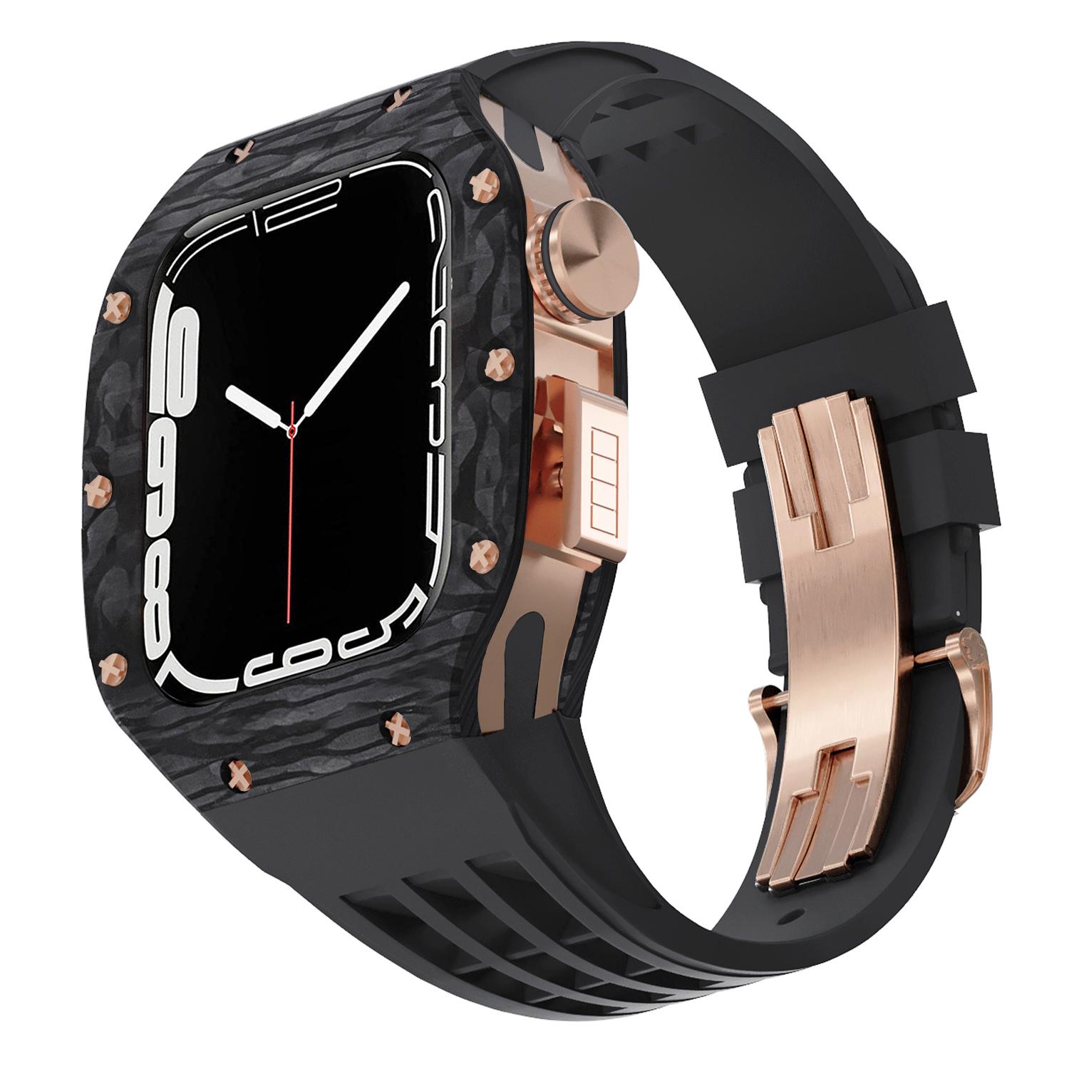 Black Carbon Fiber Stainless Steel Case Rubber Band Adjustable Butterfly Clasp Smartwatch 44/45mm Luxury Watch Accessories for apple watch 44mm/45mm