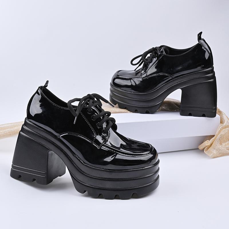 

Мода 2025 Новые туфли Оксфорды на массивной платформе Женские туфли на очень высоком каблуке из лакированной кожи Женские туфли-лодочки на шнуровке на толстом каблуке Дамские 35-42 42 чёрный