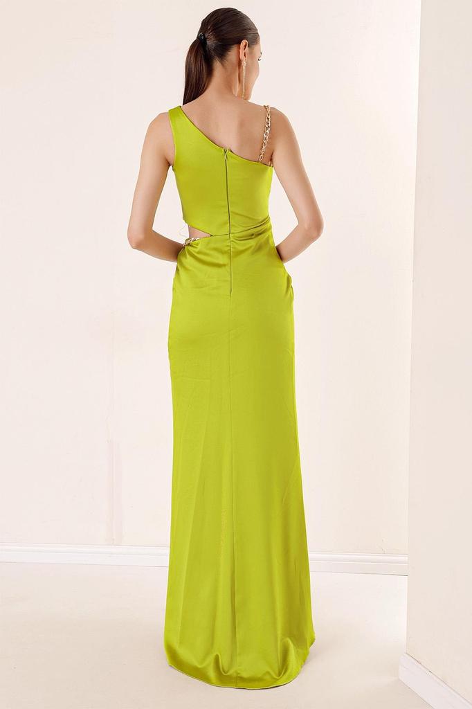 One Shoulder Low-Cut Chain Satin Evening Dress