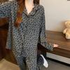 Grey Leopard Print Pajamas Women'S Spring New Simple Imitation Cotton Long-Sleeved Cardigan Homewear Set