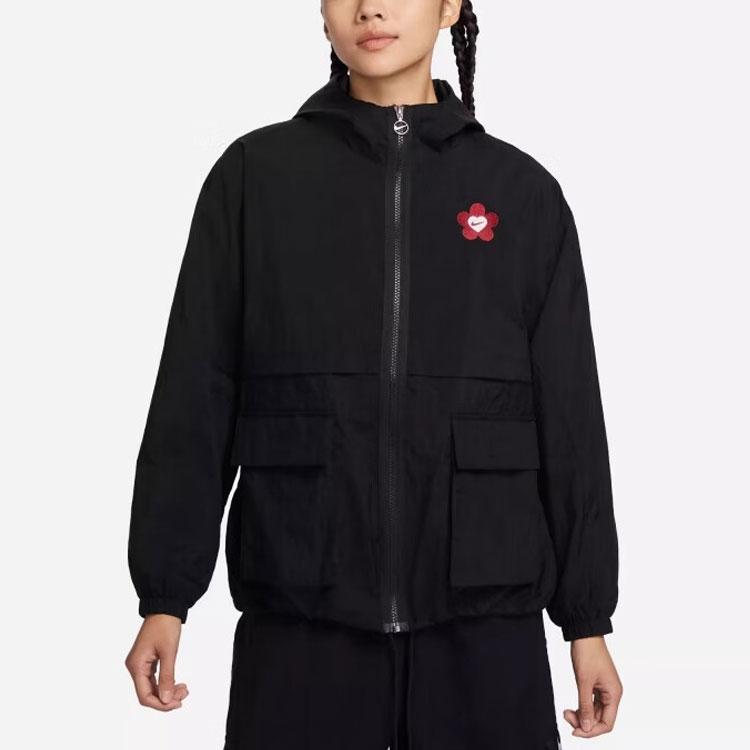 Nike Valentines Day Series Floral Embroidery Logo Print Long Sleeve Hooded Jacket Women Outerwear Black HF1130-010