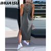 IHUASU Summer Simple Solid Color Back Lace Sleeveless Dress for Women