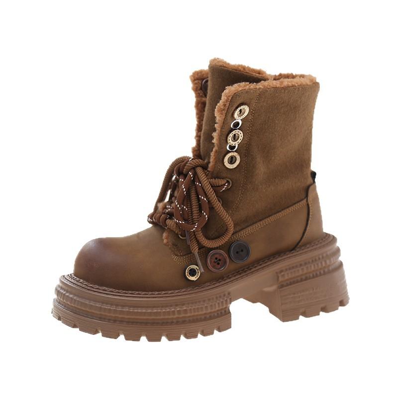 Popular fashion retro British style lapel Martin boots women's 2025 autumn and winter new two-wear button-tie velvet boots