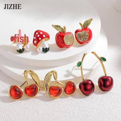 Exquisite Inlaid Diamond Fruit Series Stud Earrings: Apple & Cherry - Luxurious Christmas Style