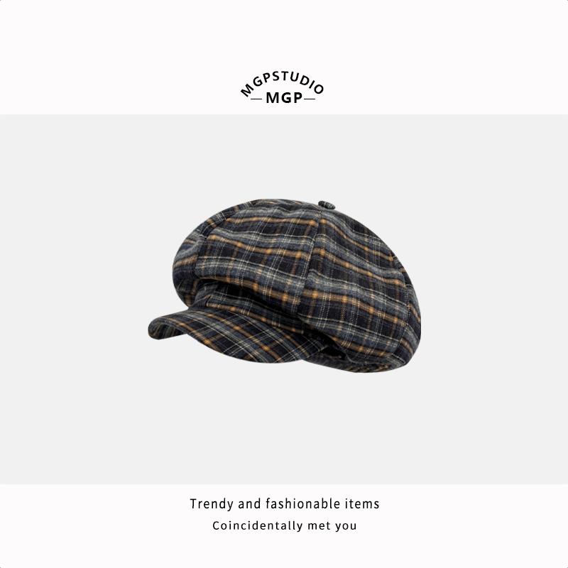 

New versatile painter hat retro cloud hat showing face small octagonal hat big head circumference plaid beret adult (55-58cm)