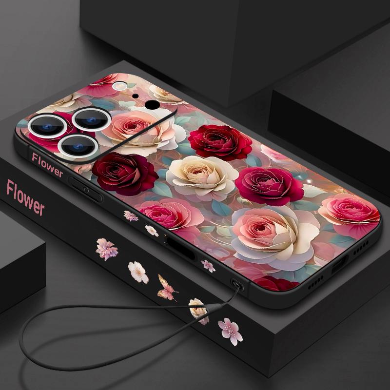 Oil Painting Rose Flowers Lanyard Case For iPhone 17 Pro Max Soft Silicone Cover For iPhone 16 Pro Max Funda iPhone 15 14 13 12 11 16E