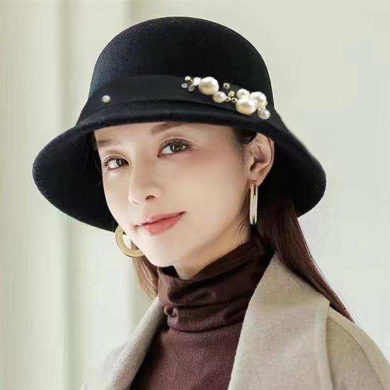Top Hat British Style Faux Pearl Decor Down Brim Sunshading Round Top Decorate Retro Vintage Women Cloche Hat for Church