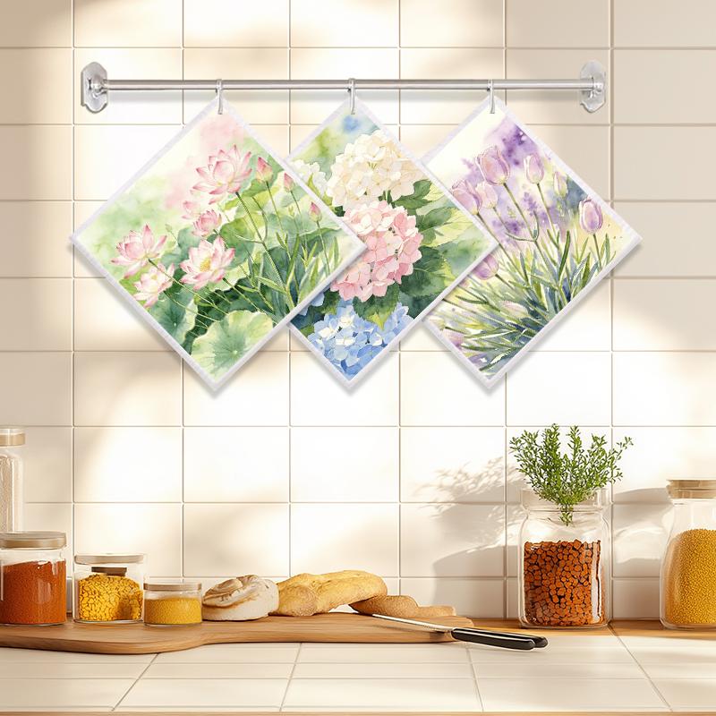 

6PCS Cleaning Dishcloths Reusable Kitchen Dish Towels Watercolor Floral Pattern Dishcloth Absorbent Lint Free Cloth Washable Duster Rags Tea Towels J141A-3PCS