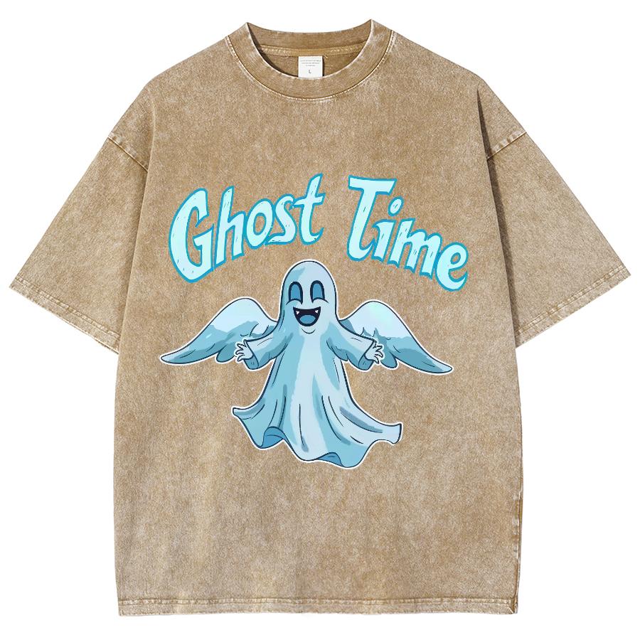 Blue Cartoon Ghost Print Women's T-Shirt Unisex Wash Cotton Crew Neck High Quality Short Sleeve Summer Basic Top