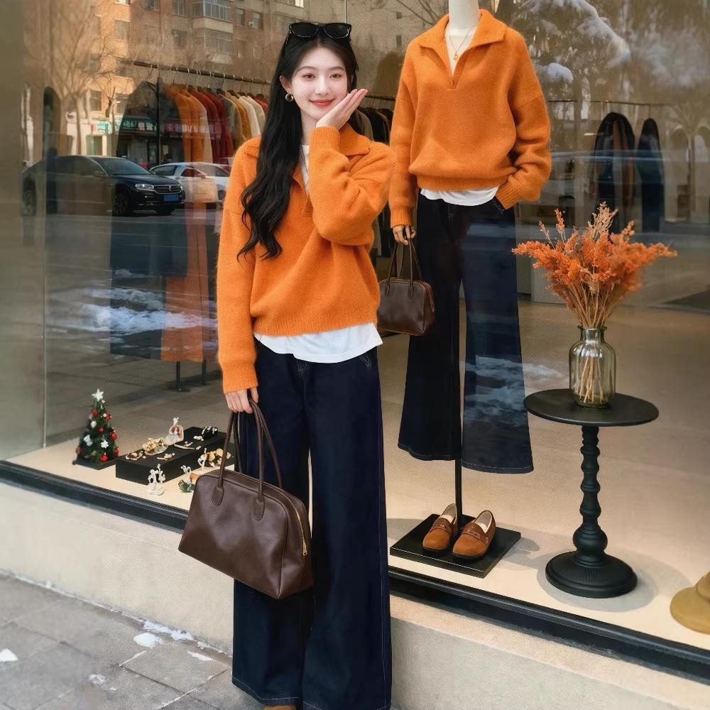 

Women s Cozy Winter 3-Piece Set: Knit Sweater, Jeans & Korean-Style Lapel Small