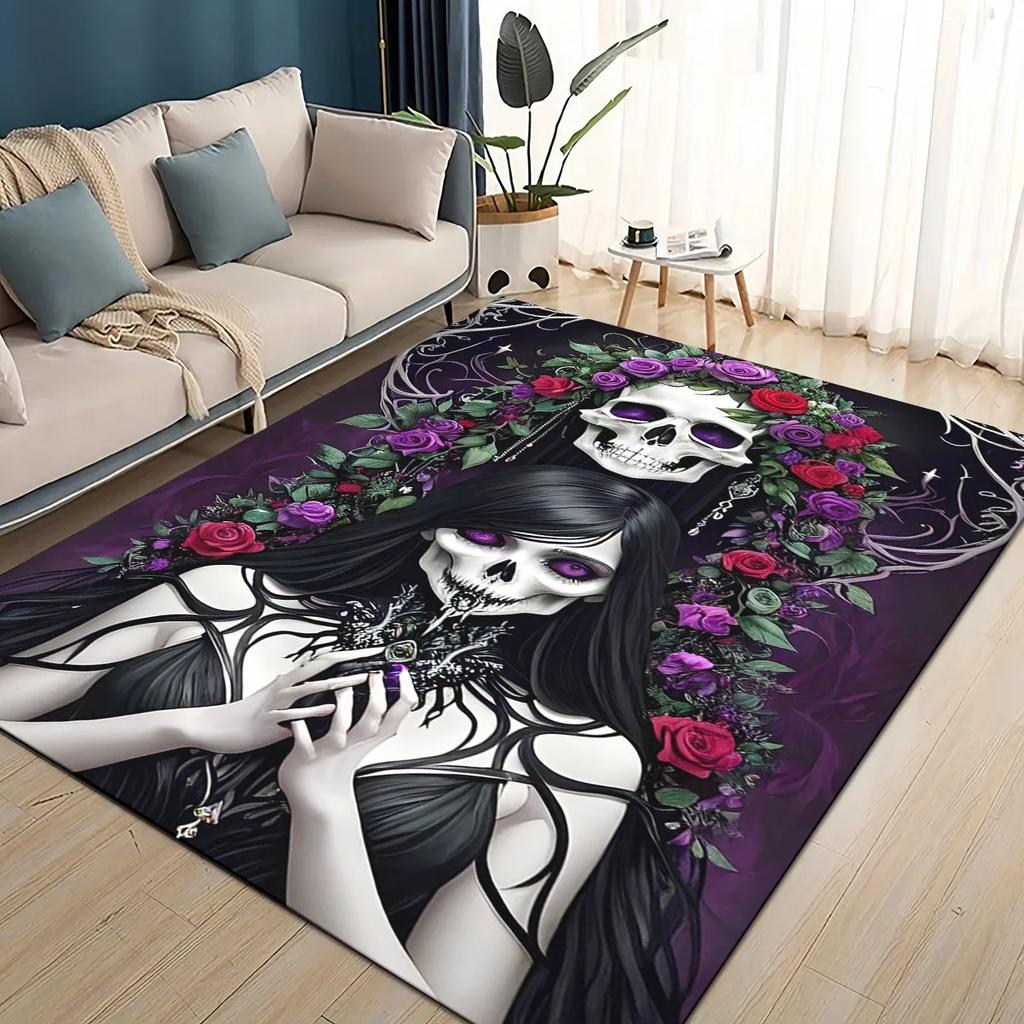 Covor Rug 3D Craniu Gotic Față Trandafir Femeie Desen Animat Groaznic pentru Sufragerie Dormitor Casă Decor Canapea, Covoraș de Podea Antiderapant pentru Copii