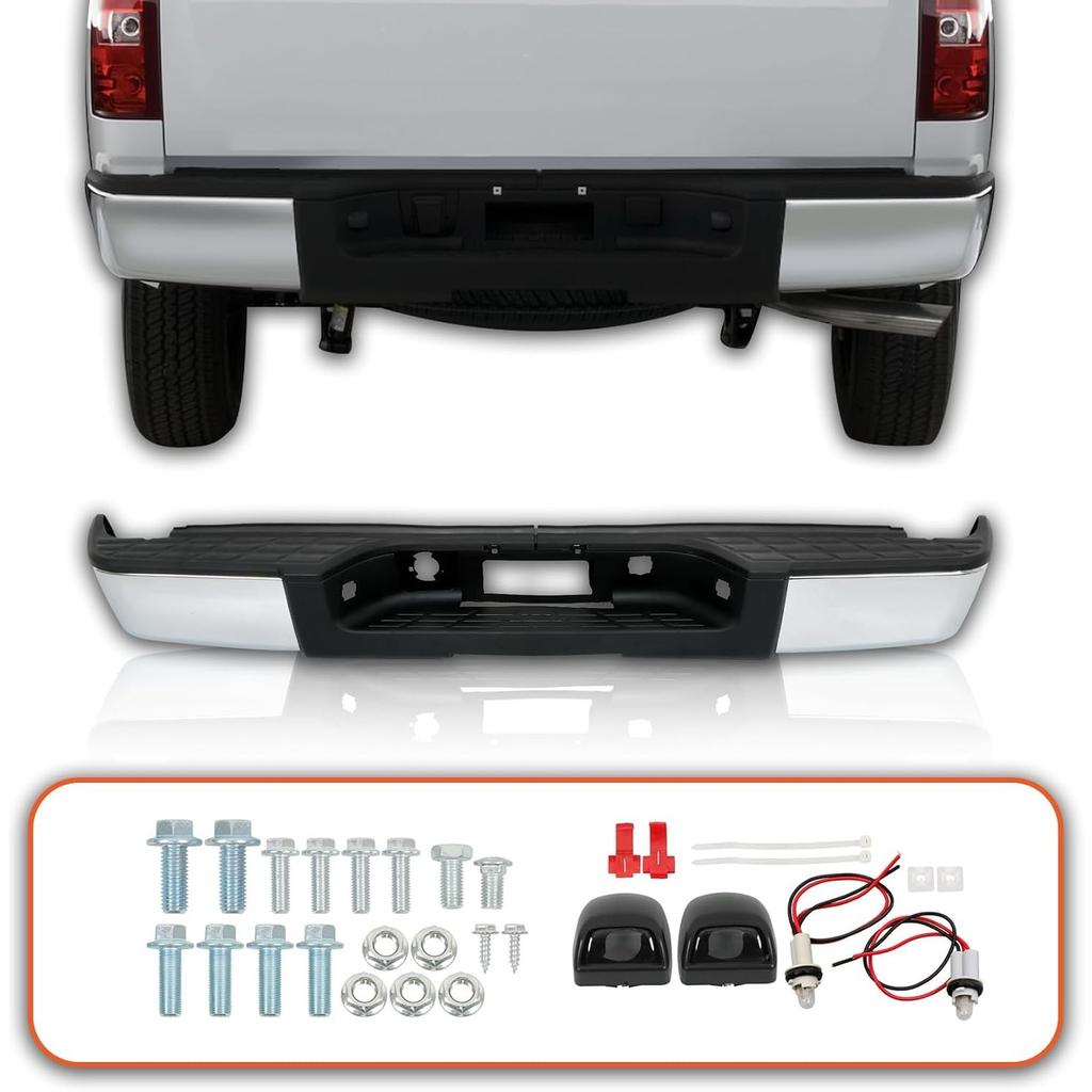 Chrome Rear Bumper Replacement for 2007-2013 Chevy Silverado Sierra 1500 Truck 22932803 20899359 GM1191125 GM1191126 GM1191124 GM1103147