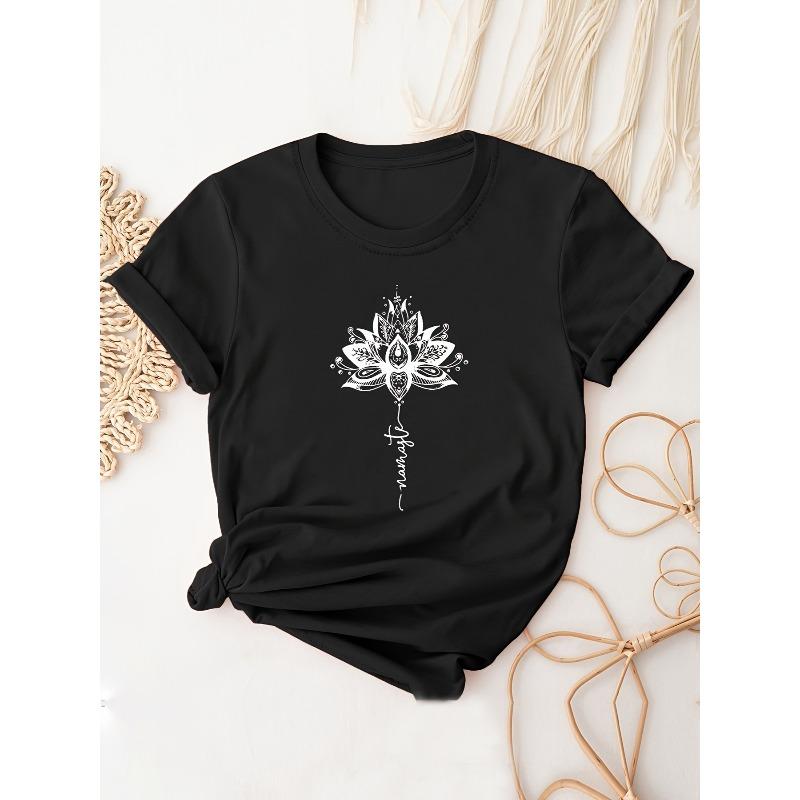 

Women Black Round Neck Short Sleeve T-Shirt White Floral Mandala Print Delicate Line Art Minimalist Boho Style All-Season Soft Breathable Casual 4XL чорний