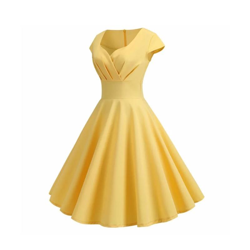 Women Summer Dress Solid Color Vintage Casual Party Robe Rockabilly Dresses Vestidos