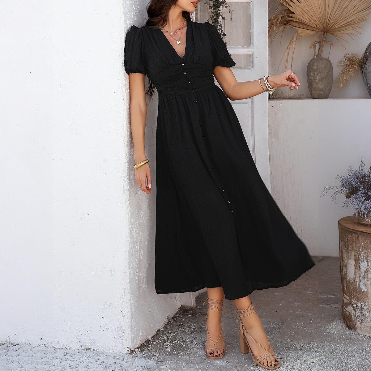 

Весенне-летние женские повседневные платья для поездок на работу и отдыха в праздничном стиле с V-образным вырезом, высокой талией и короткими рукавами с разрезом XL чёрный