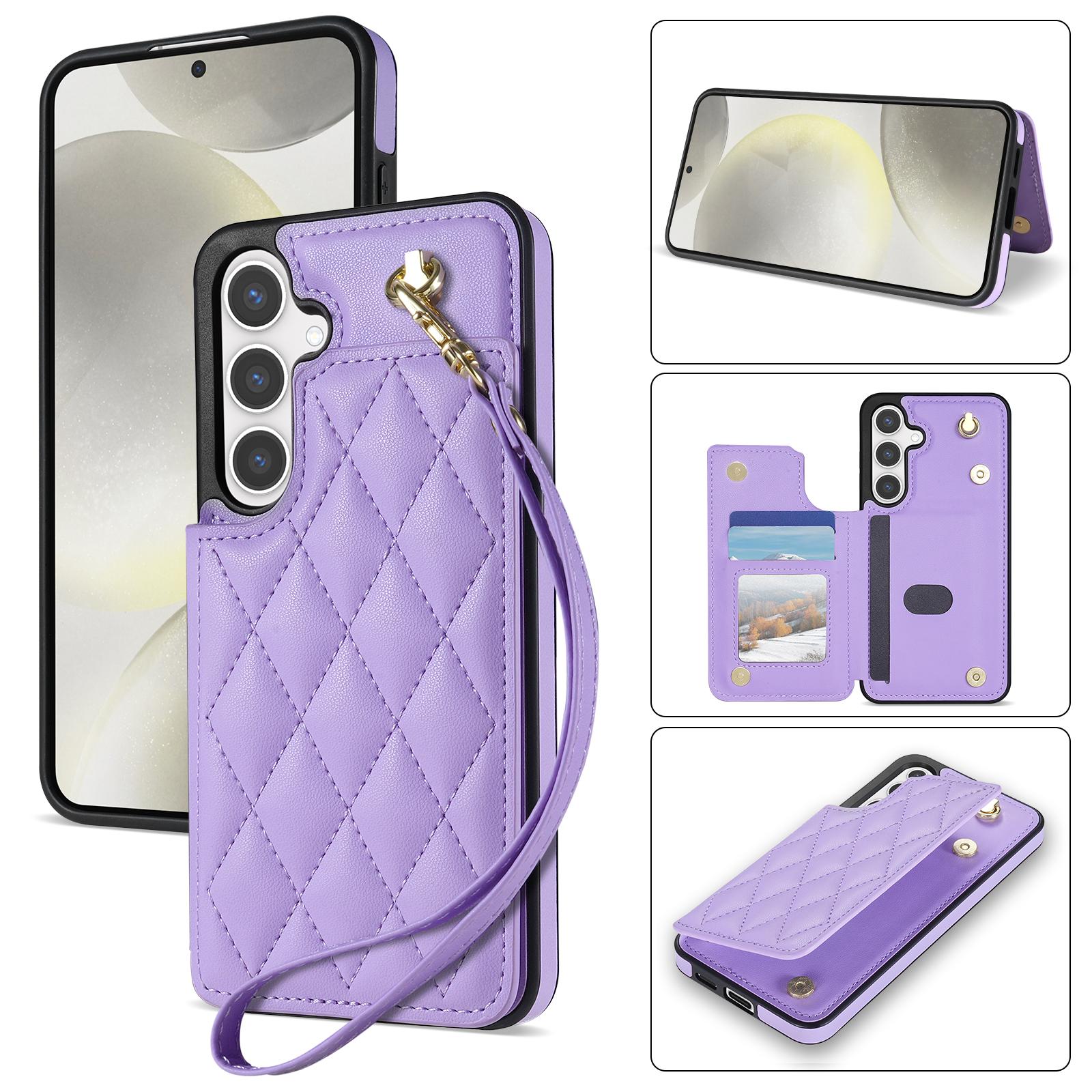 

For Samsung Galaxy S25 Case with Wrist Strap Card Slots Rhombus Leather+TPU Phone Cover Purple