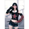 2KWEIRD Top Corti Patchwork Stella Estiva T-shirt a Quadri Moda Donna Monospalla Scoperto Y2k Maglietta Manica Lunga Camicie Fairy Grunge