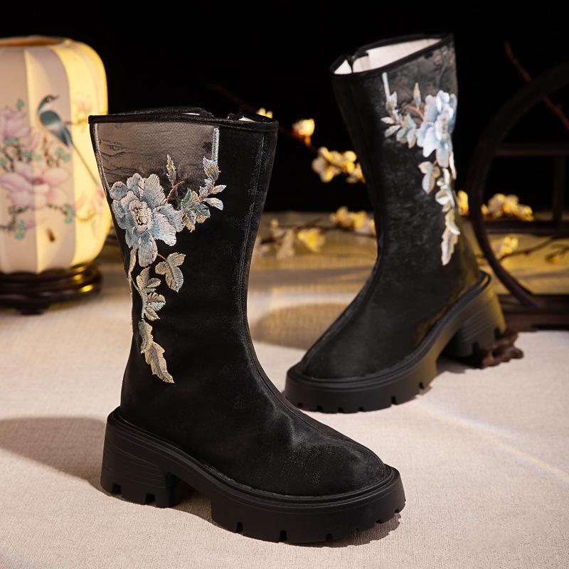 Women's Winter Warm Platform Mid-Calf Snow Boots Low Block Heels Embroidered Chelsea Booties Shoes for Women Faux Fur Lined Walking Boots With Zipper