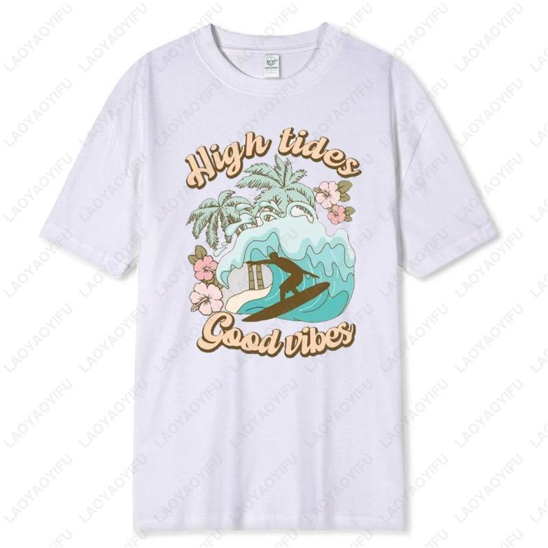 Good Vibes High Tides Shirt Vintage Summer Camping Tees Travel Adventure Road Trip Shirt Fashion Surf Flowers Pattern Cute Tops