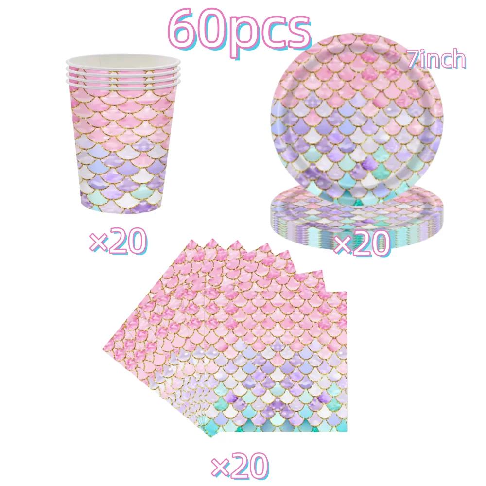 Mermaid Birthday Party Decoration Tableware Set Gradient Mermaid Plates Cups Napkins Balloons For Kids Girls Party Favors Gifts