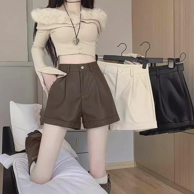 Women's High Waist PU Leather Shorts - American Style, Slim, Loose Wide-Leg, Casual for Spring, Autumn, Winter.