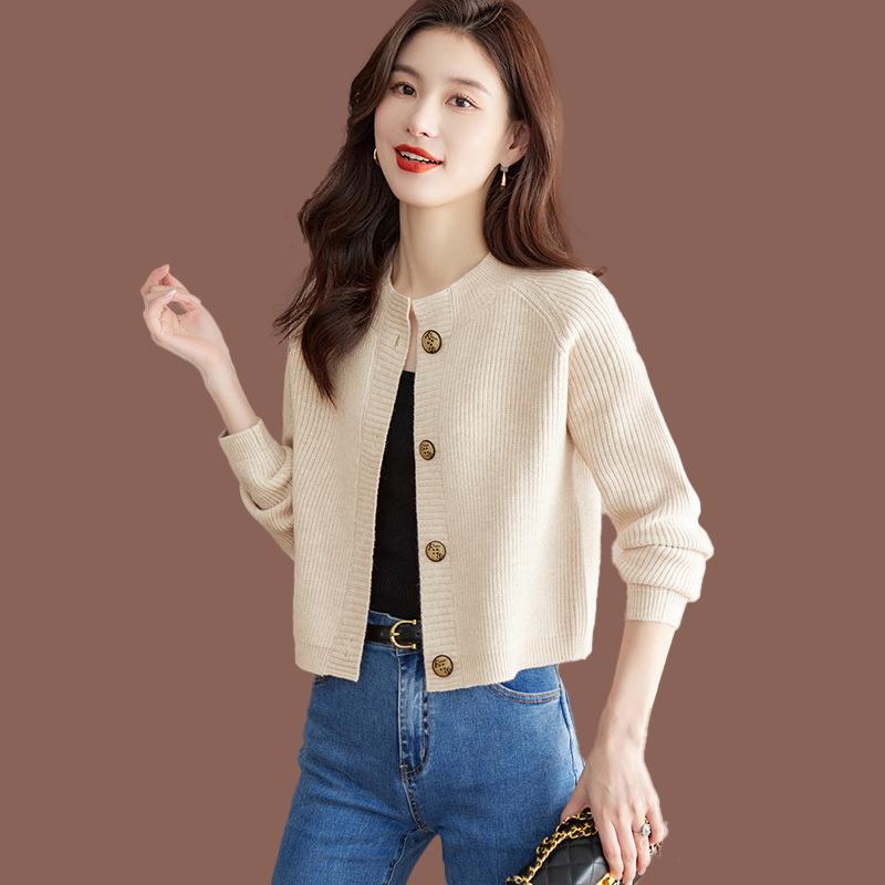Lazy wind short long-sleeved sweater autumn and winter women's new fashion crew neck knitted cardigan with top