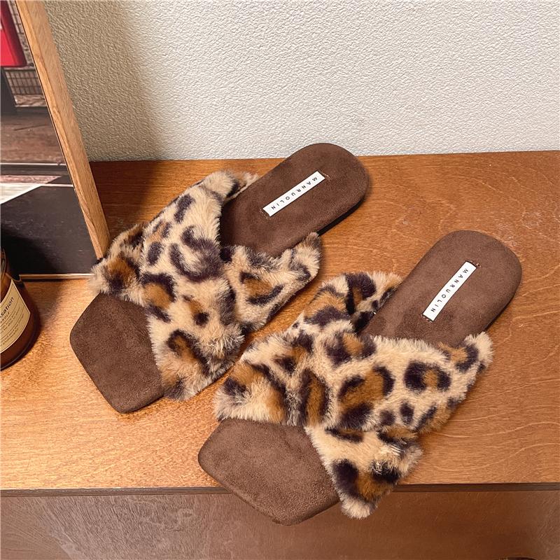 Fashion Aphixta Cross Straps Furry Slipper Sexy Leopard Prints Women Slides Square Toe Shoes Outside Flat Heel Hair Women Shoes Slides